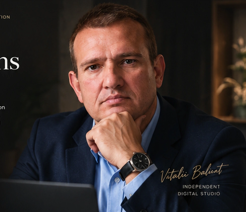 Concept portrait of Vitalii Balint with a wristwatch, based on the approved visual design